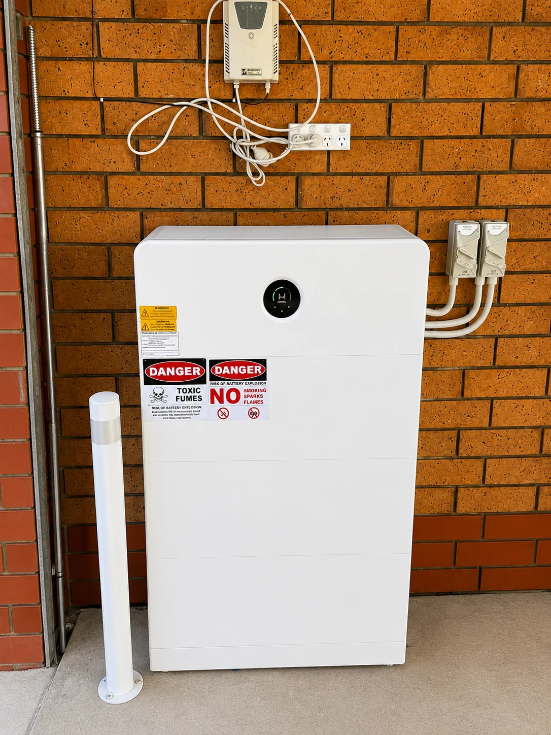 Wall-mounted home battery equipment beside a brick exterior wall